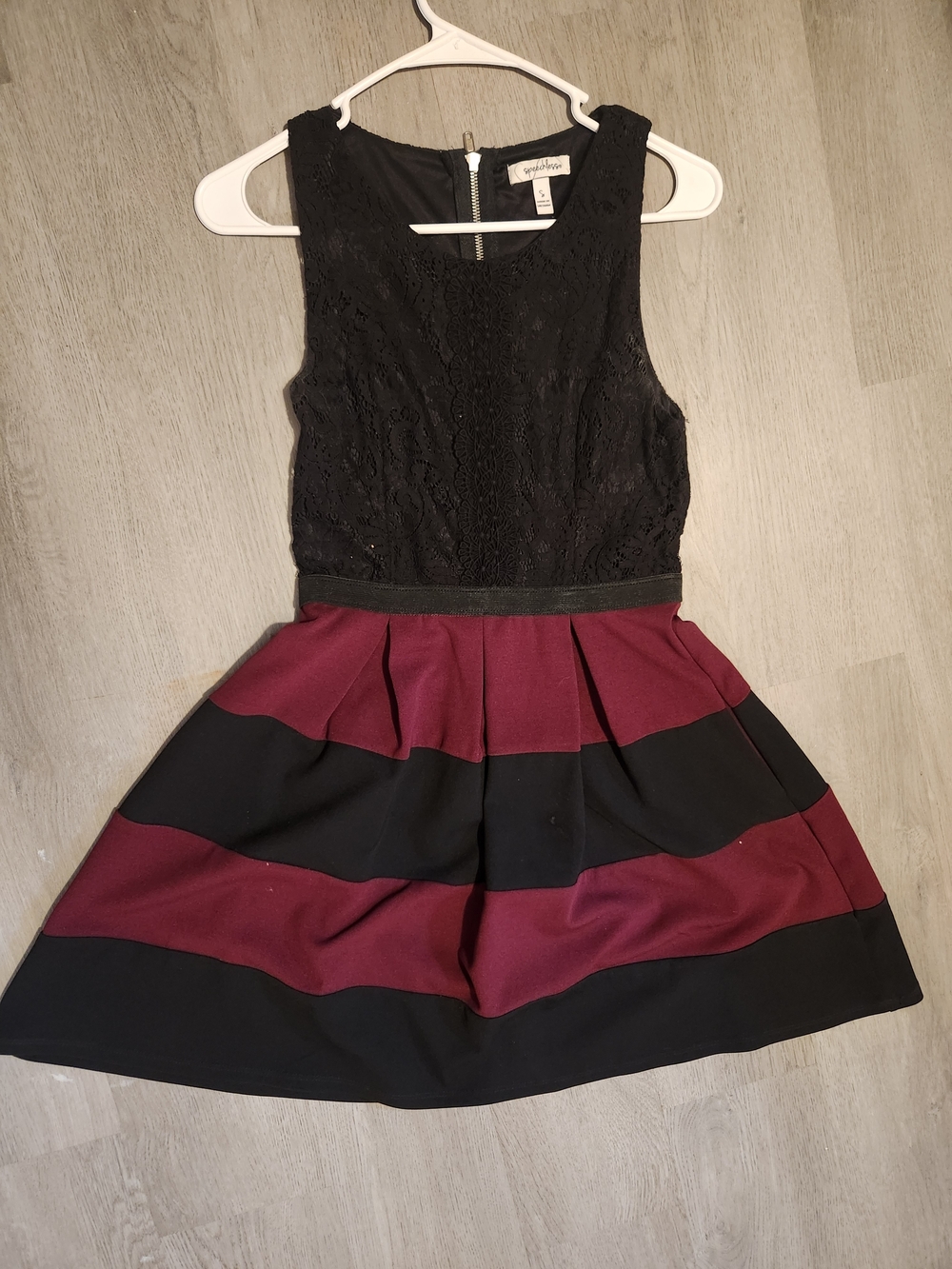 Speechless Black Lace Top Burgundy and Black Striped Skater Dress